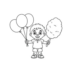  happy boy holding balloons and cotton candy, black and white vector illustration for children's books and coloring pages on white background.