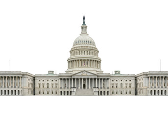 Iconic u.s. capitol building facade rendered against a stark contrast transparent background