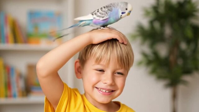 Smiling blond boy with closed eyes A colorful parakeet is perched on his head Indoor setting