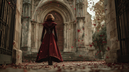 Mysterious character walks through a medieval courtyard scattered with rose petals