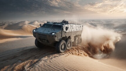 A powerful armored military vehicle in the desert