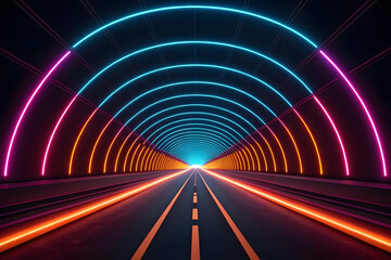 Fototapeta premium Neon Tunnel with Arched Lights and Road pathway