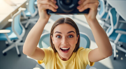 Excited young woman taking a selfie with a professional camera in a modern office environment