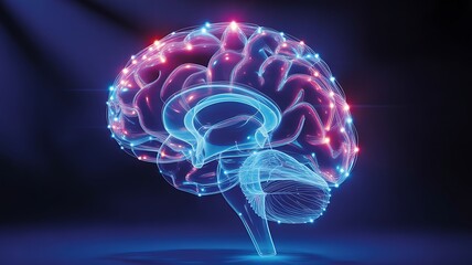 Glowing digital brain with blue and pink lights, abstract neural network concept