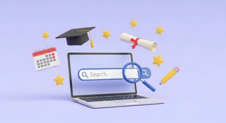 Laptop with graduation cap and diploma for online learning