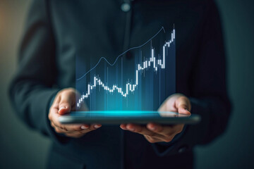 Businessman holding tablet with stock finance candlestick bar chart graph blue glowing floating