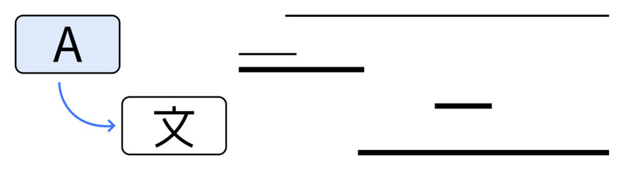 English letter A linked by an arrow to a Chinese character, surrounded by abstract minimal lines. Ideal for language education, communication, globalization, technology, interpretation, linguistics