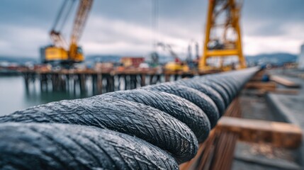 Obraz premium Close medium shot of carbonfiber rebar coil under mechanical tension with softly blurred coastal pier framework and industrial equipment in the background.