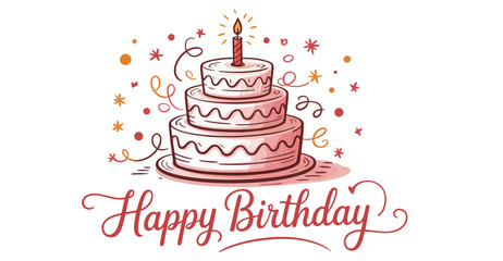  Three-tier birthday cake with lit candle, festive confetti, and decorative Happy Birthday text on light background for joyful celebration