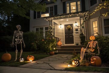 Spooky halloween decorations adorn a suburban house at night