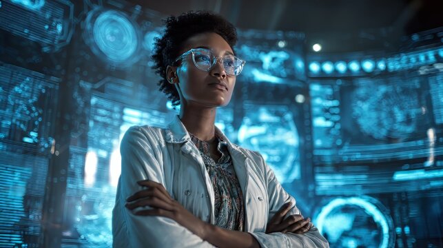 Woman with glasses and lab coat stands in front of futuristic blue screen with arms crossed looking up
