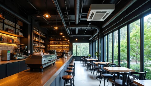 Modern cafe interior with industrial design featuring exposed pipes, ceiling air conditioner, large windows overlooking plants. Ample seating with tables, chairs, polished wood bar, ambient lighting
