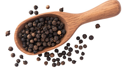 Black peppercorns in wooden spoon isolated on a transparent background