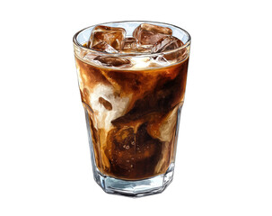 Iced coffee drink in a glass, with ice cubes and a creamy top