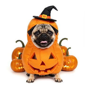 Happy pug dressed in pumpkin costume with witch hat, surrounded by jack o lanterns, Halloween dog portrait, festive pet photography, funny costume contest
