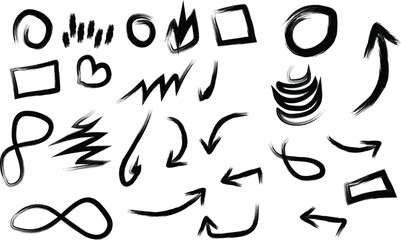 Arrow brush asterisk marker line shape set. Emoji fun face, heart, crown symbol crayon texture marker background kid sketch style hand drawn element. Color smiley face, arrow. Vector illustration