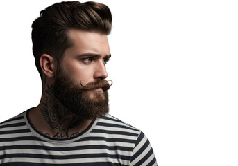 Fototapeta premium Bearded man with mustache wearing striped shirt isolated on transparent background