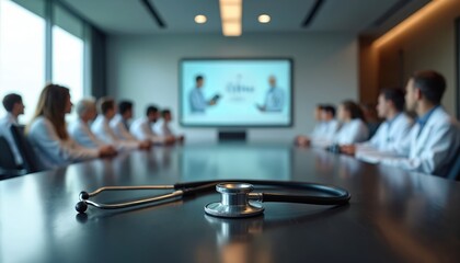 Stethoscope on conference table during medical presentation. Doctors in white coats listen intently to digital screen. Modern health care meeting for learning, communication in clinic hospital