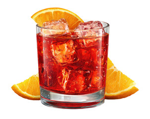 A vibrant red cocktail, garnished with orange slices, sits in a glass with ice