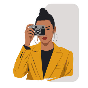 Creative Girl Photographer in Street Style Jacket Vector
