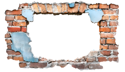 Broken brick wall with blue plaster isolated on a transparent background