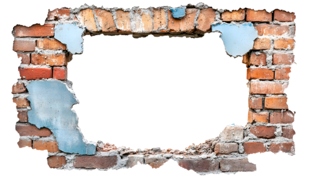 Broken brick wall with blue plaster isolated on a transparent background