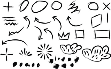 Arrow brush asterisk marker line shape set. Chalk crayon underline, check mark, scribble and texture in rough hand sketch style. Drawn heart, frame, star design shapes. Vector illustration