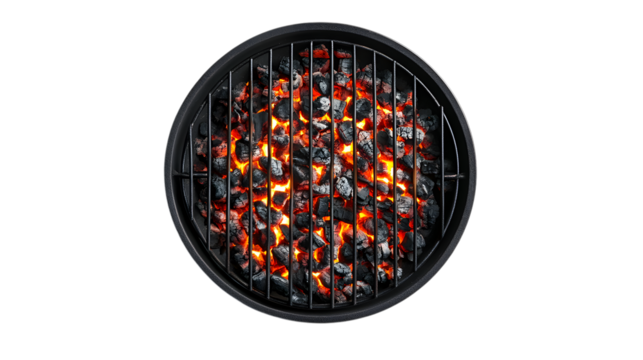 Burning Coals in Round Metal Grill isolated on a transparent background