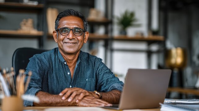 smiling mature indian man wearing spectacles and looking at camera middle eastern confident businessman at office portrait of successful mid entrepreneur feeling satisfied and working from home no lo