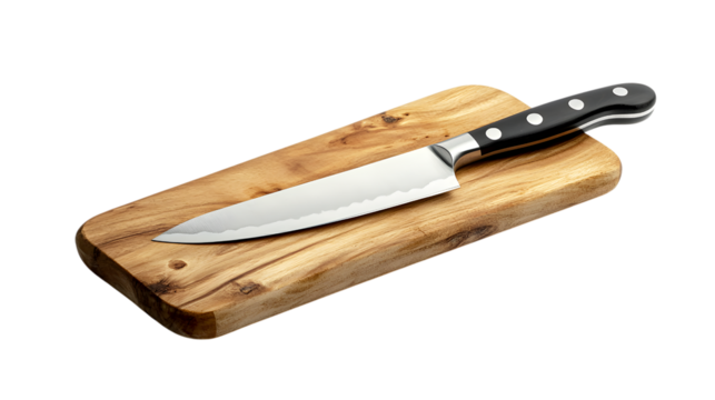 Chef knife on a wooden cutting board isolated on a transparent background 