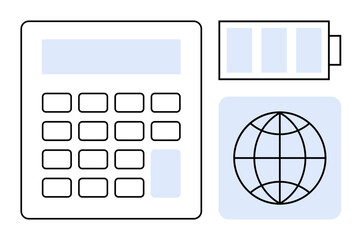 Calculator, battery indicator, and globe icon representing efficiency, power management, global communication, and technology. Ideal for education, energy, finance sustainability data business