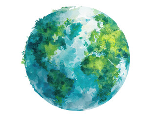 A stylized, watercolor-esque image of Earth.  Green continents and light blue oceans.  Soft, natural tones