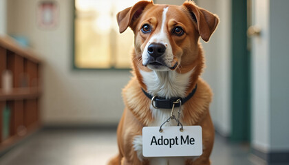 Dog with "Adopt Me" sign sitting indoors
