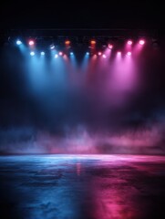dramatic empty stage with pink and blue spotlights and smoky atmosphere