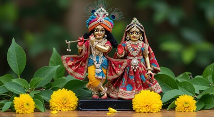 Radha and Krishna Statues Amidst Greenery and Yellow Flowers