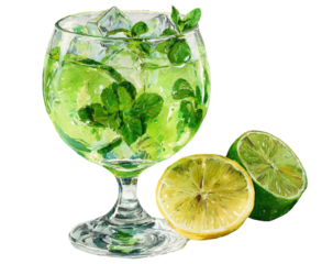 Vibrant green cocktail with ice, mint, and lime slices in a glass
