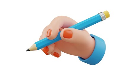 3D Cartoon Hand Holding Blue Pencil