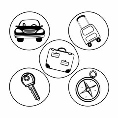 Travel icons in circles isolated on white background, including car, suitcase, key and compass