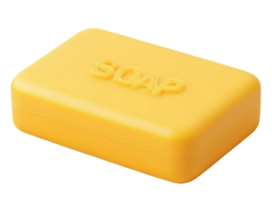 Clean, fresh yellow soap bar with embossed SOAP lettering, perfect for hygiene and wellness products