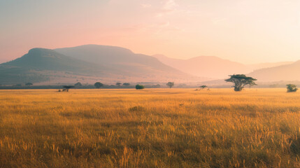 Obraz premium Golden African savanna landscape at sunrise 