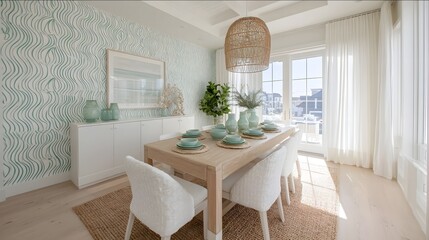 Airy beachside dining room main wall covered with cream and mint green wave pattern wallpaper very close wall perspective light wood dining table white slipcove.