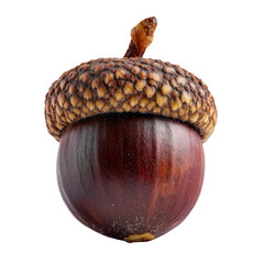 Close-up of a single acorn, deep reddish-brown nut with a light brownish-gray cap
