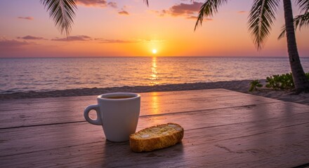 Obraz premium Coffee and biscotti at beach sunset