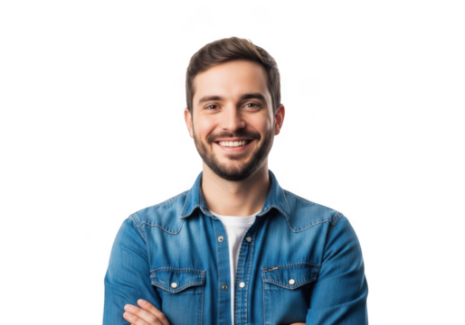 Smiling man with beard wearing denim shirt isolated on transparent background