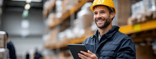 Smiling worker with tablet in warehouse managing inventory during busy hours