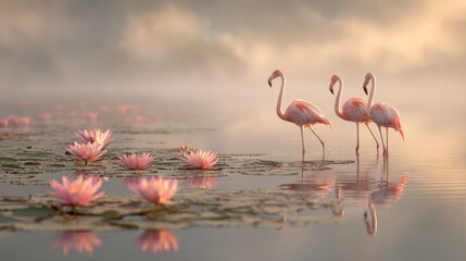 Obraz premium Flamingos standing in lotus pond at sunrise mist 