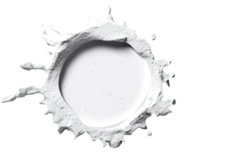 Abstract white splash, circular, textured.  A?whitish,?splashy?circular?form?on?a?black?background.?The?texture?is?raised,?irregular