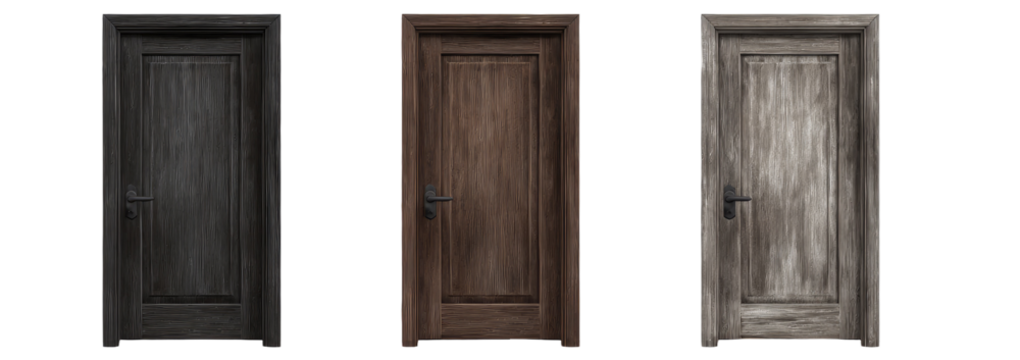 Three weathered wooden doors in various shades