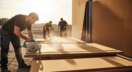 Workers cutting cork sheets to size onsite showcasing customization and versatility of cork material for exterior walls.
