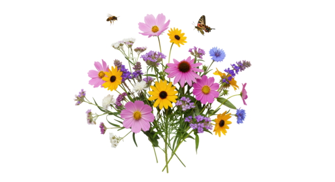Floating diverse wildflowers and monarch butterfly with bee on transparent background, no shadows. Concept of natural harmony and ecological balance